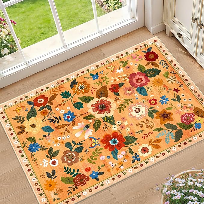 RELEANY Floral Washable 2x3 Area Rugs Doormat Orange/Yellow/Red | Flower Carpet, Print, Boho, Non-Slip, Easy to Clean, Soft, Low Pile for Living Room Bedroom Kitchen Office Entryway Hallway