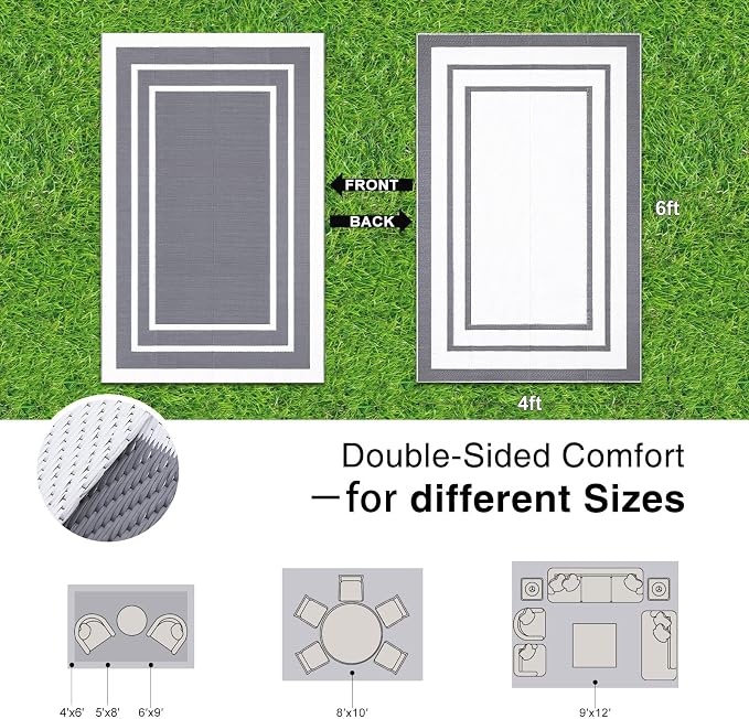 OLANLY Outdoor Rug 4x6 ft Waterproof, Reversible Outdoor Plastic Straw Rug, RV Mat, Indoor Outdoor Carpet Clearance for Patio, Camping, Balcony, Deck, Backyard, Grey & White