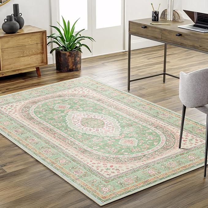 Green Rug 3x5,Washable Area Rugs for Bedroom Living Room Entryway | Small Boho Vintage Bohemian Distressed Oriental Non Slip Carpet,Sage Blush Floral