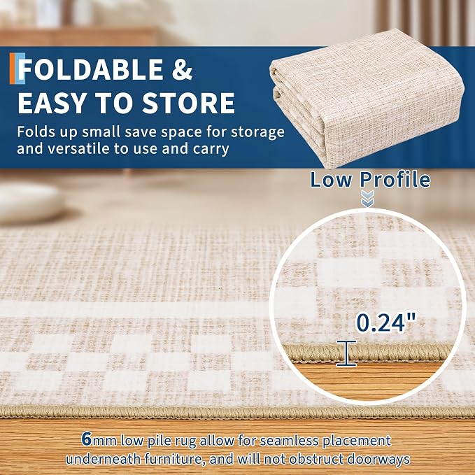 GarveeHome Washable Area Rugs 10x13 Non Slip Soft Large Living Room Rug | Modern Checkered Bedroom Rug Soft Geometric Bordered Throw Carpet for Dining Room Home Decor Office Nursery, Beige