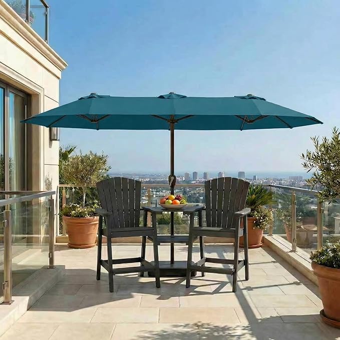 15FT Large Patio Umbrella with Base Included, Double Sided Outdoor Market Umbrella with Flexible Fiberglass Ribs, UV-Blocking Extra Large Umbrella for Garden, Pool, Deck, Lake Blue