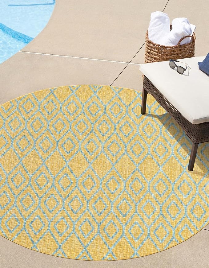 Jill Zarin Outdoor Collection Area Rug - Turks and Caicos (6' 7" Round Yellow and Aqua/Light Blue)