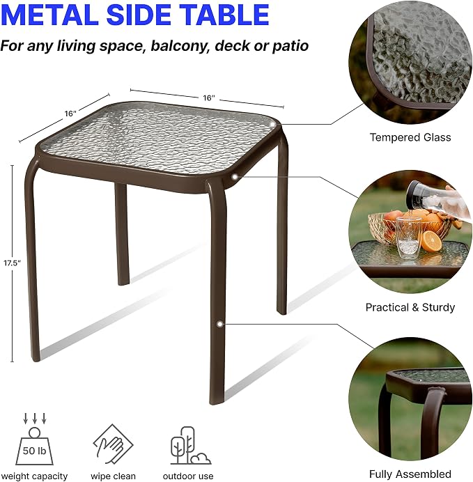 Bronze Metal Outdoor Side Table with Tempered Glass Top – Elegant Small 16" Square Patio Table – Durable Weather-Resistant Coffee Bistro Accent End Table for Outside and Garden