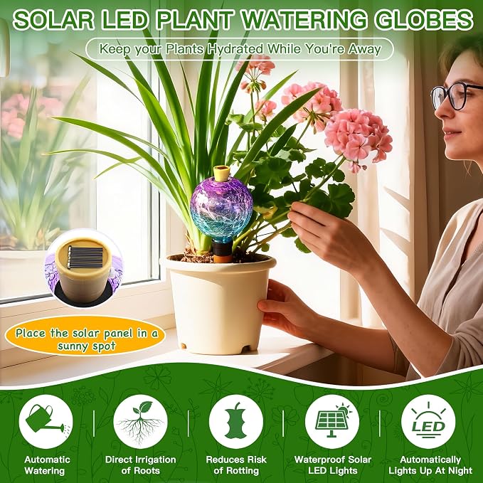 VOREEN Crackle Glass Plant Watering Globe with Terracotta Spike,Self-Watering Irrigation for Potted Plants, with Solar Accent Light for Indoor & Outdoor Décor, 17oz, Purple–Blue Gradient