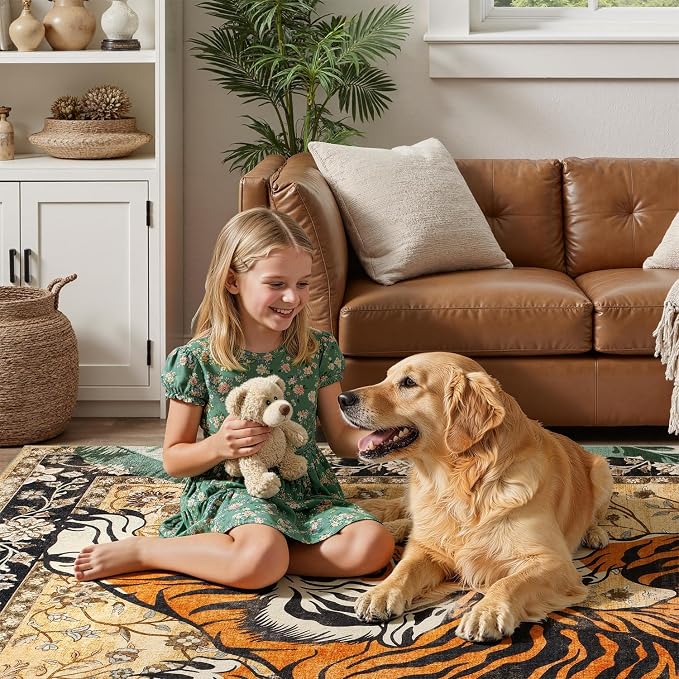 DCX Washable 5x7 Tiger Area Rug, Brown Vintage Animal Rug for Living Room, Soft Low Pile Carpet, Kid & Pet Friendly with Rubber Back Non Slip, Stain Resistant Rug for Bedroom Dining Room Office