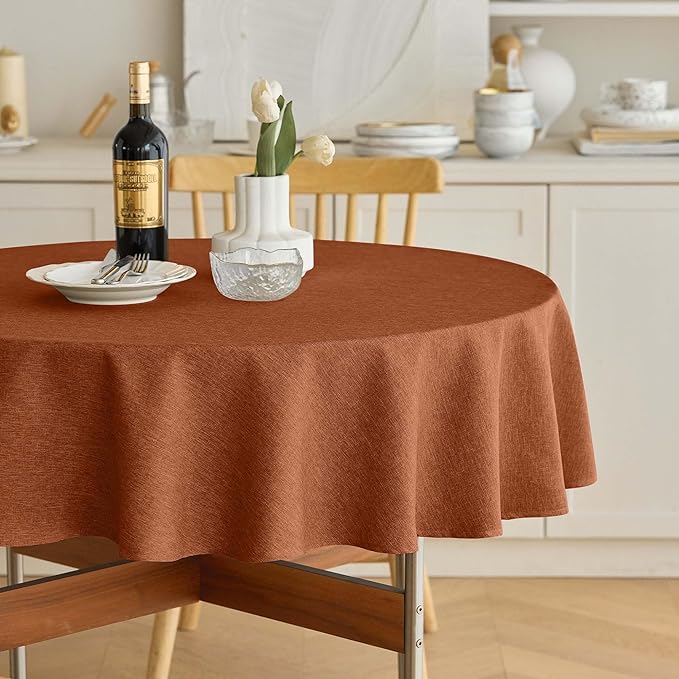 Decorelia Fall Farmhouse Round Table Cloth for Indoor/Outdoor, Harvest Thanksgiving Faux Linen Washable Tablecloth Cover for Party Dining & Kitchen Table Decor (60 Inch,Round (2-4 Seats),Burnt Orange)