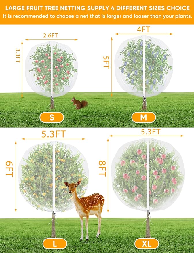 VITI Fruit Tree Netting for Cicadas - with 2Pcs 8Ftx5.3Ft Zipper&Drawstring Protection for Your Fruit Trees Garden Bird Netting Covers Blueberry Bush Tomato Bug Plant Protection Cherry Apple Tree