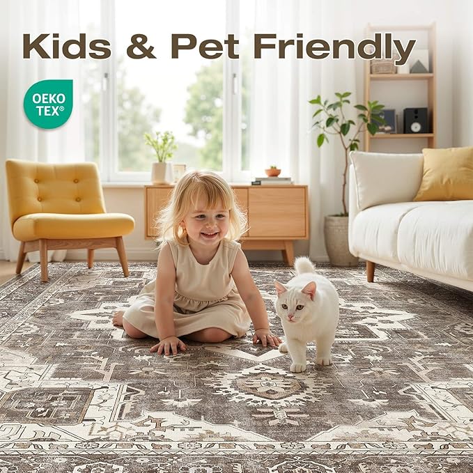 Vintage Washable 8x10 Area Rug for Living Room, Brown | Soft Low Pile Rug with Non-Slip Backing, Stain Resistant for Bedroom or Dining Room, Kid & Pet Friendly