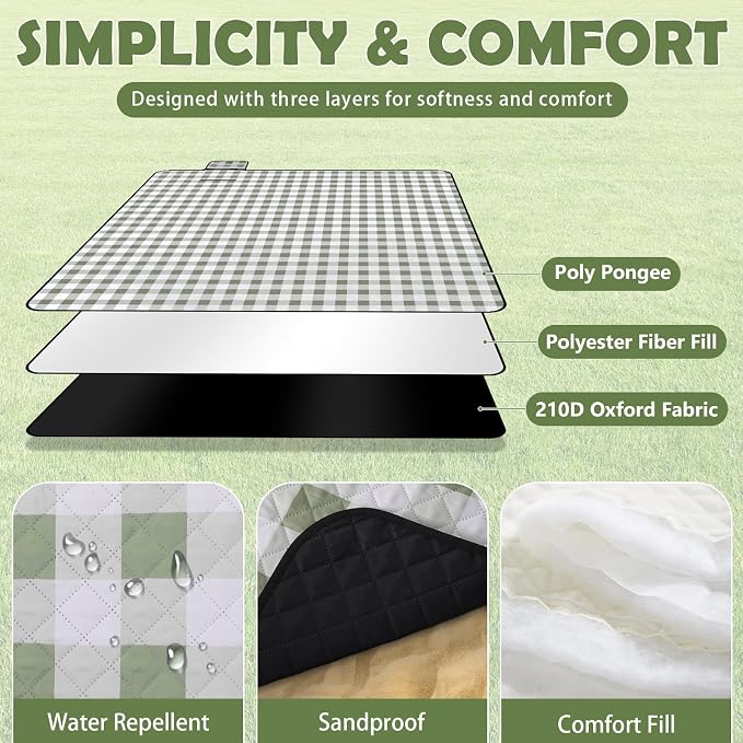 Picnic Blankets Waterproof, Extra Large Picnic Mat 79"X79", Sandproof Washable Camping Beach Blanket, Camping Accessories for Outdoor Activities, Green