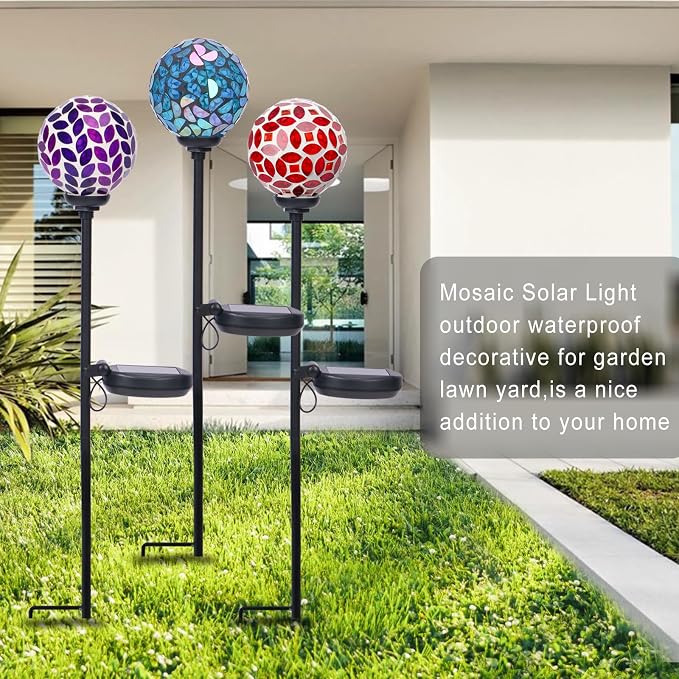 VCUTEKA Decorative Solar Garden Lights, 3.5" Mosaic Globe Stake 3 Pack | Mosaic Glass Design, Solar LED Light, Weather Resistant, Auto On/Off and Metal Stake Design for Lawn and Patio