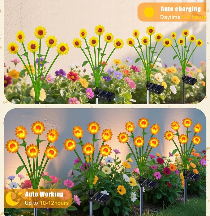 EDOF Solar Lights Outdoor Waterproof Sunflowers Garden Decor,4 Packs with 24 Sunflower Lights,Birthday Gifts for Women Mom,Solar Decorative Garden Stakes for Outside Yard Lawn Patio Porch Decorations