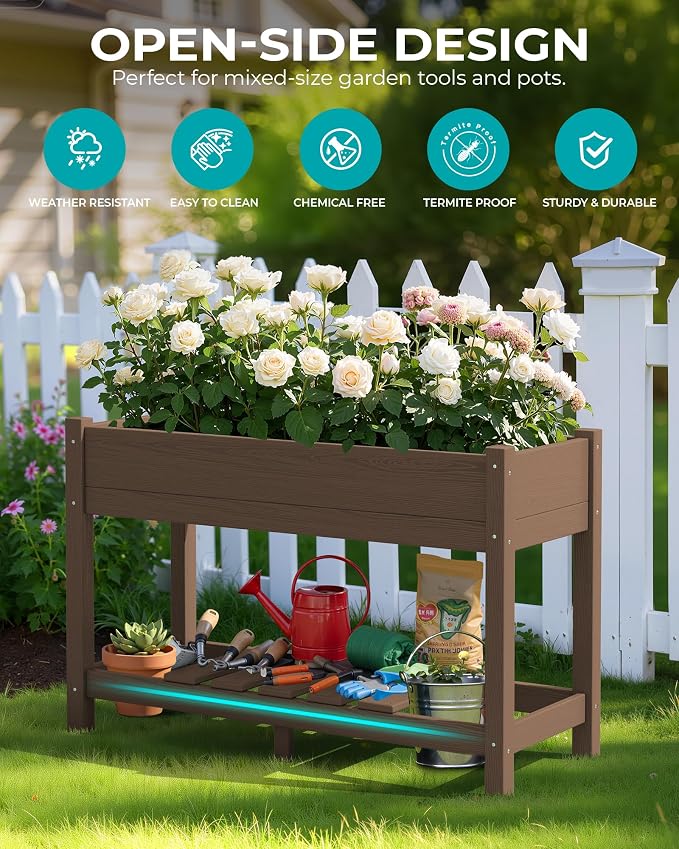 SERWALL Raised Garden Bed with Legs Set of 2, 43"×17"×30" Large HDPE Elevated Planter Box for Vegetables Flower Herb Patio, All Weather Use- Brown