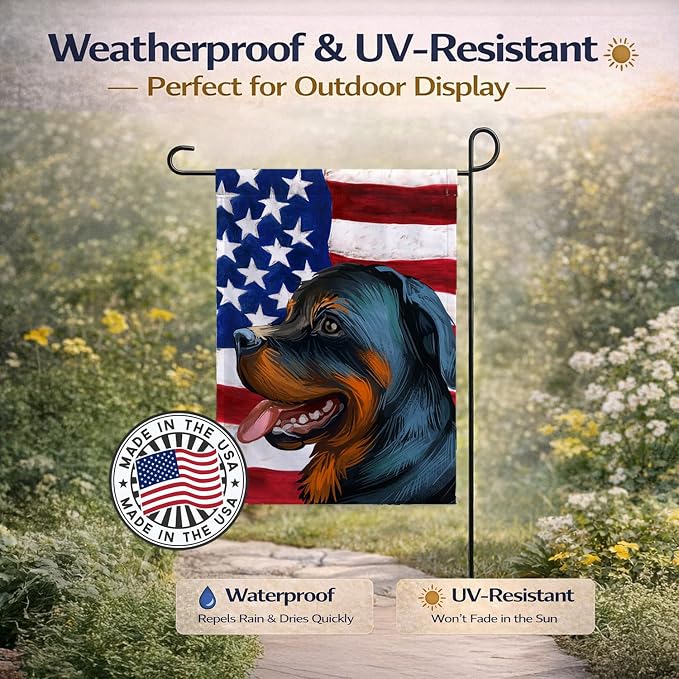 Caroline's Treasures CK6677GF Rottweiler Dog American Flag Garden Flag Mailbox Flag Decorative Yard Flag Banner Outside Patio Artwork Yard Flower Beds, Garden Size, Multicolor