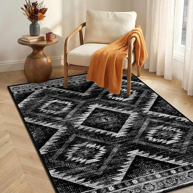 3'x4' Washable Area Rug for Living Room Bedroom Black | Soft Western No Slip Low Pile Print Foldable Indoor for Kitchen Dining Room