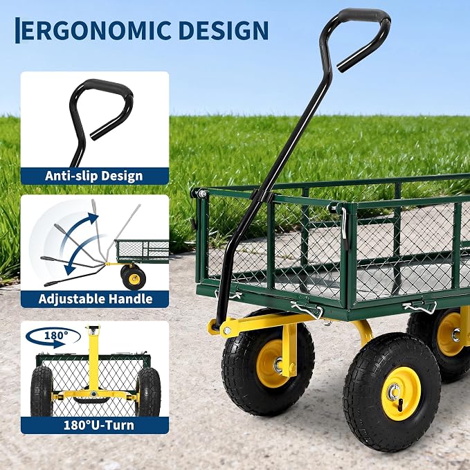 Garvee 900 LB Garden Cart, Heavy Duty Metal Utility Garden Wagon, Green | 13 in All Terrain Tires, 4-in-1 Yard Wagon Cart with Removable Side Panels for Outdoor Lawn, Yard, Backyard