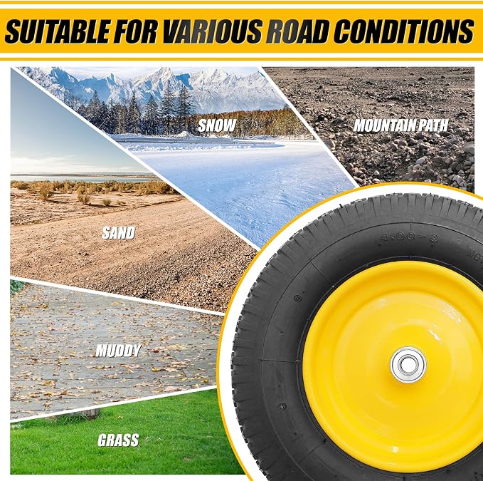 MZREXN 4.80/4.00-8" Tire and Wheel, 16" Pneumatic Wheelbarrow Tire | 5/8"&3/4" Bearing,3"-7"Centered Hub,Fit Hand Truck/Garden Carts/Yard Wagon/Utility Carts/Dolly/Trolley,Yellow 2pcs