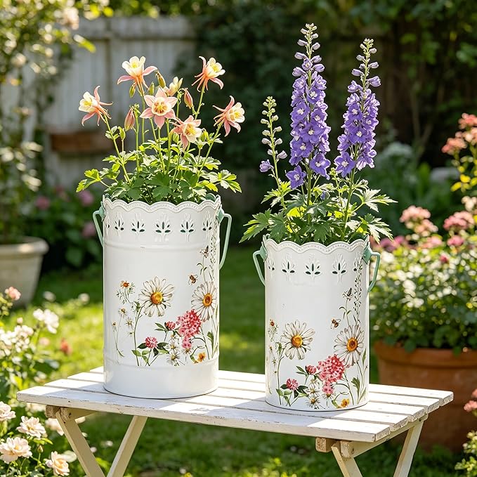 Set of 2 Farmhouse Floral Metal Flower Bucket Vase, Rustic Embossed Daisy Bee Design Planter with Hollowed-Edge, Decorative Pot for Indoor Outdoor Home Garden, Kitchen, Patio