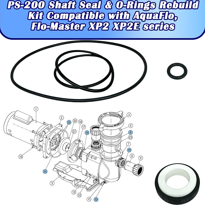 PS-200 5/8" Shaft Seal & O-Ring Rebuild Kit,Compatible with AquaFlo, Flo-Master XP2 XP2E Series Pool Pump， Includes Volute O-Ring, Union O-Ring, Drain Plug O-Ring and PS-200 Shaft Seal