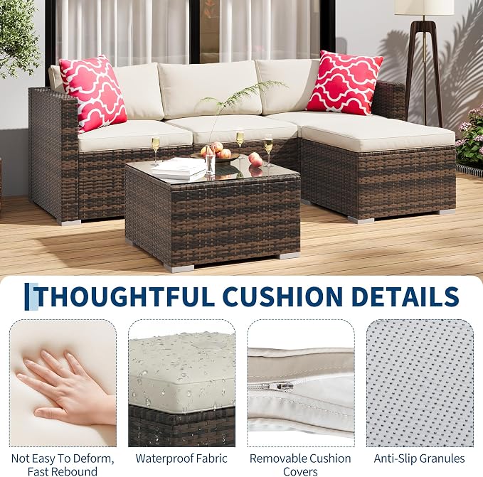 5-Piece Outdoor Sectional Sofa Set, All-Weather PE Rattan Patio Furniture with Ottoman & Tempered Glass Table, Convertible Garden Couch for Backyard, Porch, Poolside (Brown/Beige)