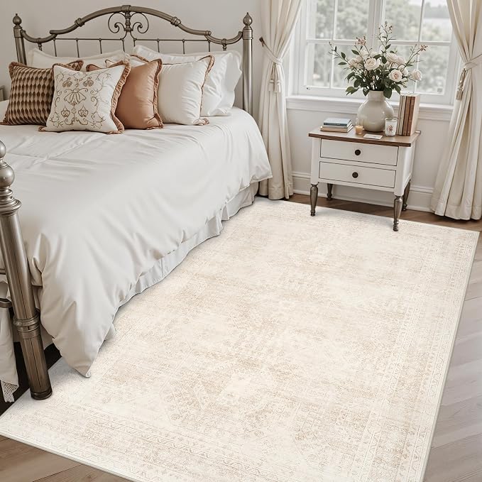 4x6 Area Rugs Living Room: Bedroom Neutral Washable Carpet Beige | Large Vintage Boho Indoor Decor Carpets Soft Nursery Farmhouse Dining Room Office Floor Non-Slip Low Pile Under Table Rug