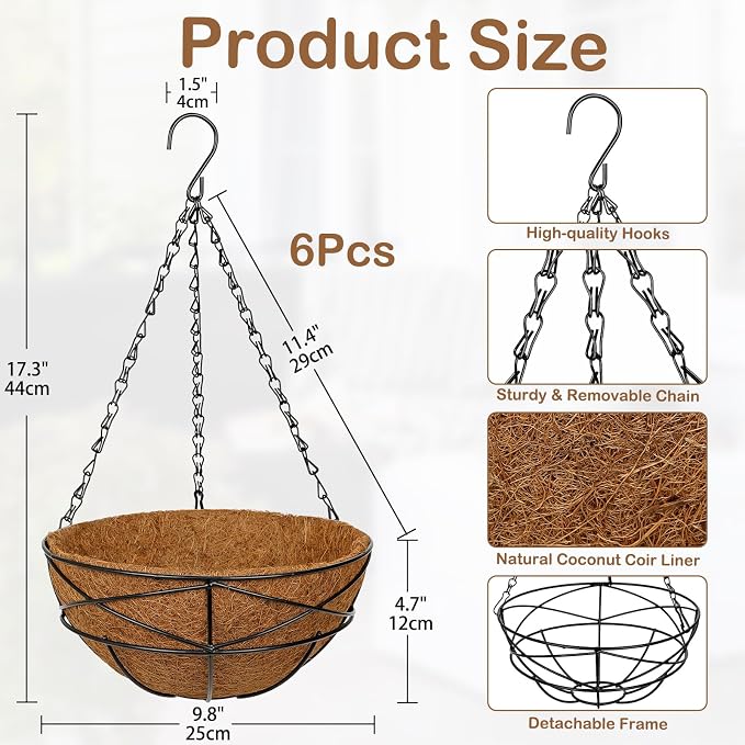 6 Pack 10 inch Metal Hanging Baskets for Plants Outdoor Metal Wire Hanging Basket Planter with Coco Fiber Liners Flower Pots for Home Porch Garden Patio, Diamond-Shaped