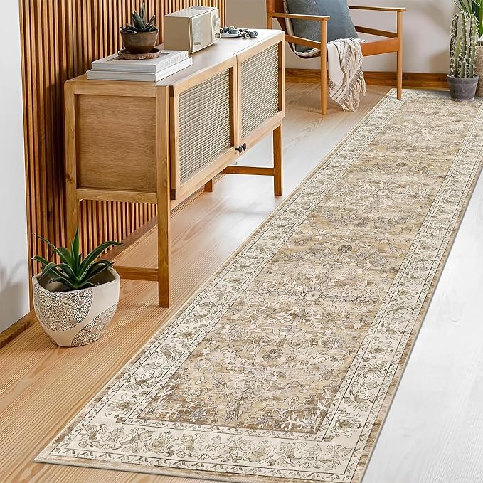 U'Artlines 2' x 8' Boho Hallway Runner Rug Non Slip Runners,Cream Tan | Washable, Vintage Farmhouse Kitchen Rug Accent Area Carpet for Entryway Laundry and Living Room