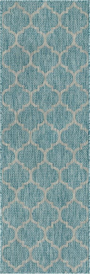 Unique Loom Outdoor Trellis Collection Area Rug (2' x 6' 1" Runner, Aquamarine/ Gray)