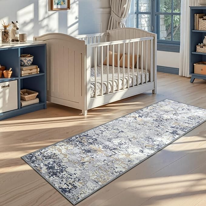 Toneed Washable 2x6 Non-Slip Abstract Runner Rug for Hallway Kitchen | Soft Modern Low Pile Area Rugs for Bedroom Laundry Living room,Indoor Carpet for Bedside Home Decor, Blue White Gold
