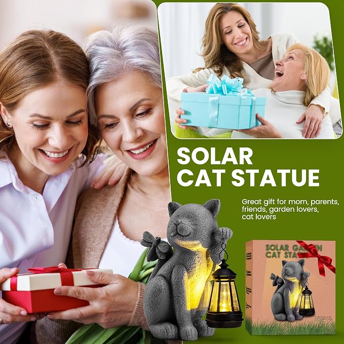 Solar Garden Outdoor Statues Cat with Solar Lantern,Outdoor Cat Figurines Decorations,Lawn Home Decor for Patio, Balcony, Yard Ornament,Unique Housewarming and Birthdays Gifts for Mom Women Grandma