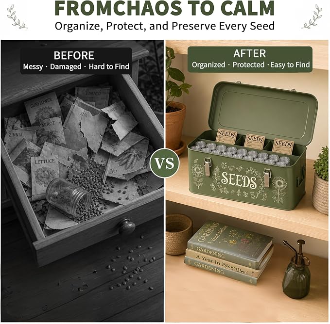 Metal Seed Storage Organizer, 4 Compartment Locking Seed Saving Box | Includes 30 Bottles & Envelopes, Dark Green Vintage Garden Seed Organizer for Flower Vegetable Heirloom Seeds