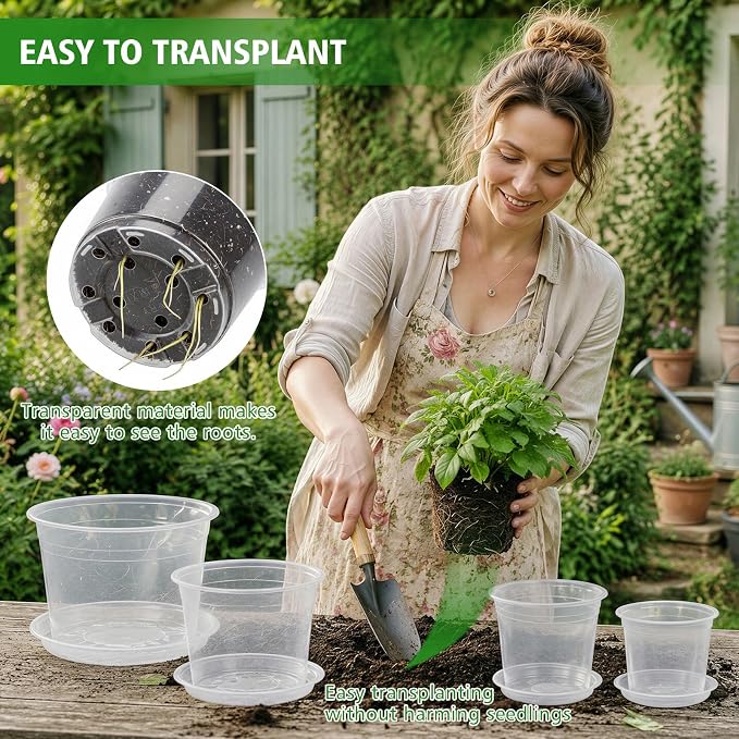 5/6/7/10 Inch Clear Nursery Pots with Drainage Holes and Saucers, 16 Pack Large Plastic Plant Pots for Seedlings, Succulents, Herbs, Flowers & Vegetables, Repotting and Growing (Clear, 16)