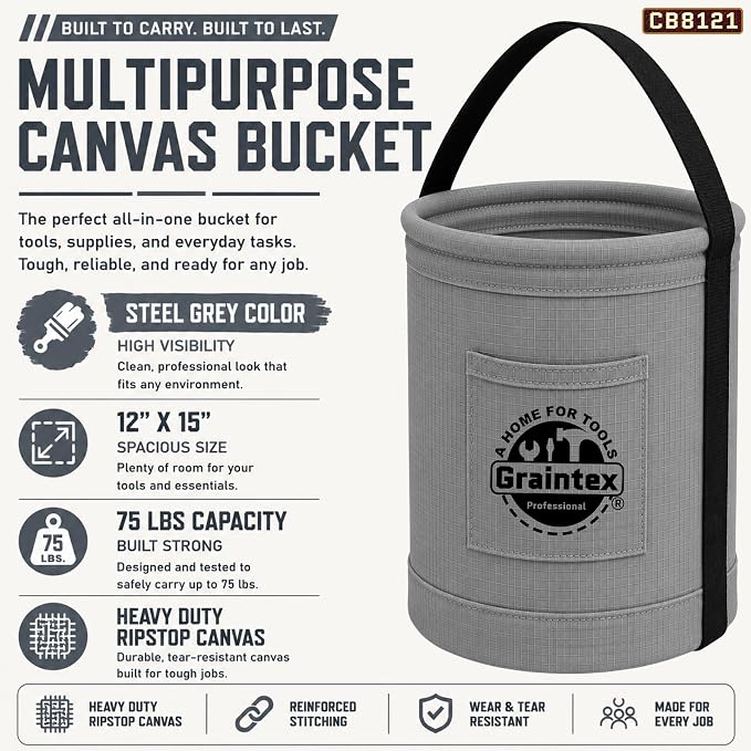 Graintex Canvas Utility Bucket 12"x15", Round Tool Bucket, Reinforced Base & Carry Handle, Ripstop Canvas, Multi-Purpose Bag for Jobsite, Home Use (Steel Grey)