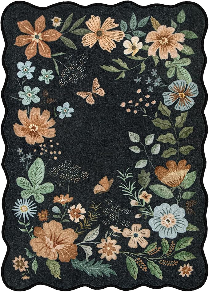 Lahome Floral Rugs for Living Room, 5x7 Area Rugs Ultra-Thin Soft Washable Rug, Non-Slip Bedroom Rug Stain Resistant Boho Flore Carpet for ‎Dining Room Office (5x7ft,Black/Grey)