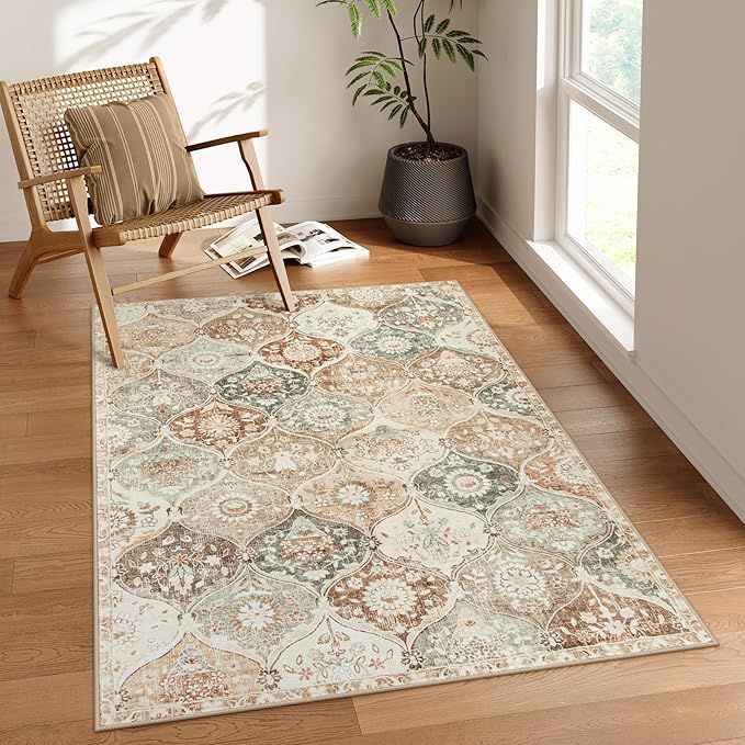 Lahome Moroccan Washable Small Rug, 3x5 Black Rugs for Bedroom Entryway | Small Trellis Non-Slip Oriental Throw Living Room Carpet for Kitchen Office Entryway Bathroom Office Elise, Khaki