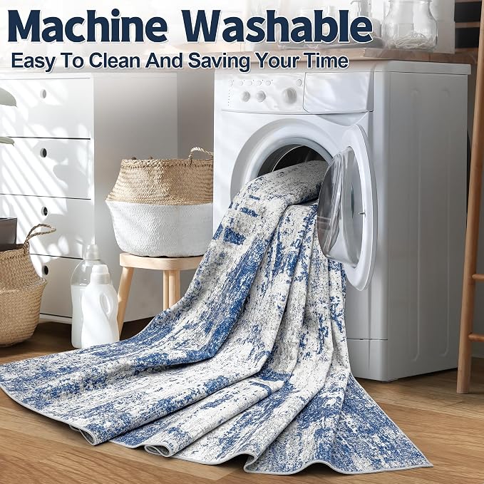 Tosuoka 2'6''x8' Area Rugs for Living Room Abstract Washable Gray Blue Rug | With Anti-Slip Backing，Non-Shedding，Stain-Resistant，Soft Modern Large Carpet for Bedroom Dining Room Farmhouse Nursery