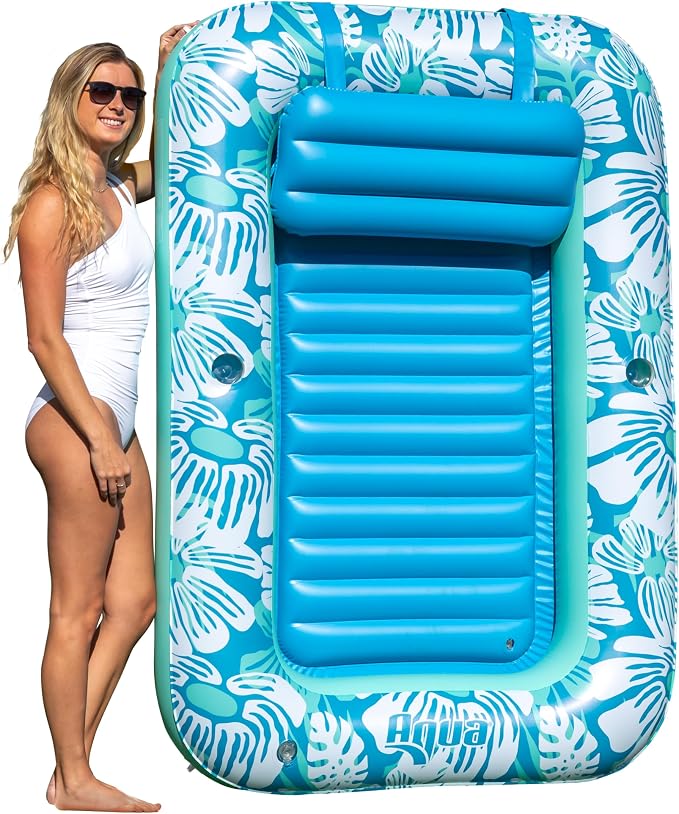 Aqua Inflatable Tanning Pool Lounger, Premium Pool Float with Cupholders and Removeable Pillow for Relaxation and Fun