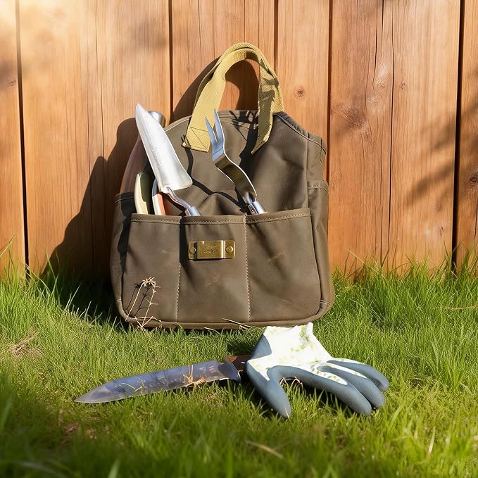Waxed Canvas Garden Tool Bag Heavy Duty Yard Storage Florist Tote Organizer | Multipurpose, Waterproof Work Caddy Carrier, 5 Interior and 6 Exterior Pockets , Tools Storage for Gardener DIYer Workshop