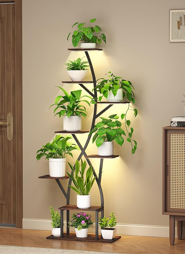 Plant Stand Indoor with Grow Lights 65" Tall Plant Shelf Corner Lighted Plant Stands for Indoor Growing Multiple Metal 8 Tiered Large S-Shape Display Shelves Plant Rack for Home Decor Patio Balcony