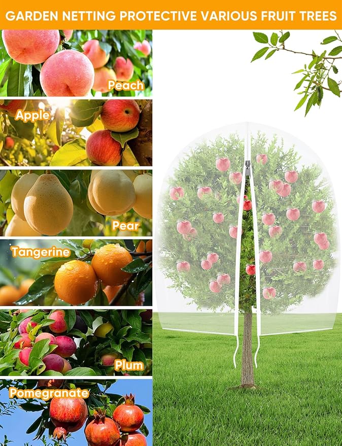 VITI Fruit Tree Netting for Cicadas - with 4Pcs 6Ftx5.3Ft Zipper&Drawstring Protection for Your Fruit Trees Garden Bird Netting Covers Blueberry Bush Tomato Bug Plant Protection Cherry Apple Tree