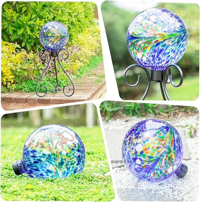 VCUTEKA Gazing Ball, Glass Gazing Balls Garden Globe Outdoor Decor 10" Blue | Handcrafted blue swirl glass gazing balls that creates elegant garden focal point in any outdoor landscape yard decorative