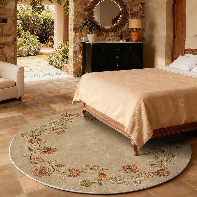 Washable Bedroom Round Rug 4ft: Living Room Circle Rug Stain Resistant Non Slip Low Pile Soft Faux Wool Small Area Rugs for Bedroom Kitchen Bathroom Entryway Kids Room Entrance Nursery Dorm Office