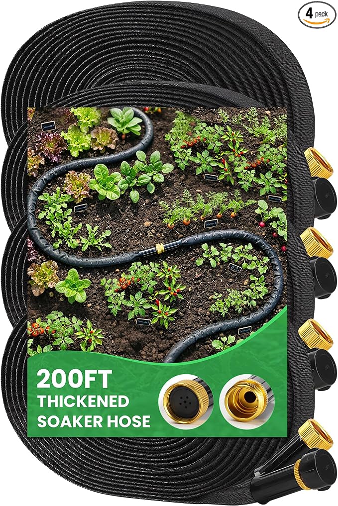MIXC 2026 Thickened Flat Soaker Hose 200Ft with Copper Joint, Saving 80% Water, Aluminum Seal, 1mm Hose, 360°Swival Handle, Hole Pressure Relief Gasket, Drip Kit for Vegetable Garden, Lawn, Flower Bed