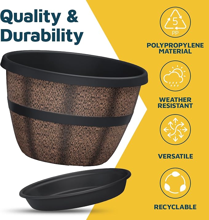 10-Inch Whiskey Barrel Planters Outdoor Pack of 5 - Durable Plastic Plant Pots for Indoor & Outdoor Use with Drainage & Saucer, Lightweight Rustic Barrel Planters for Flowers, Herbs & Small Plants