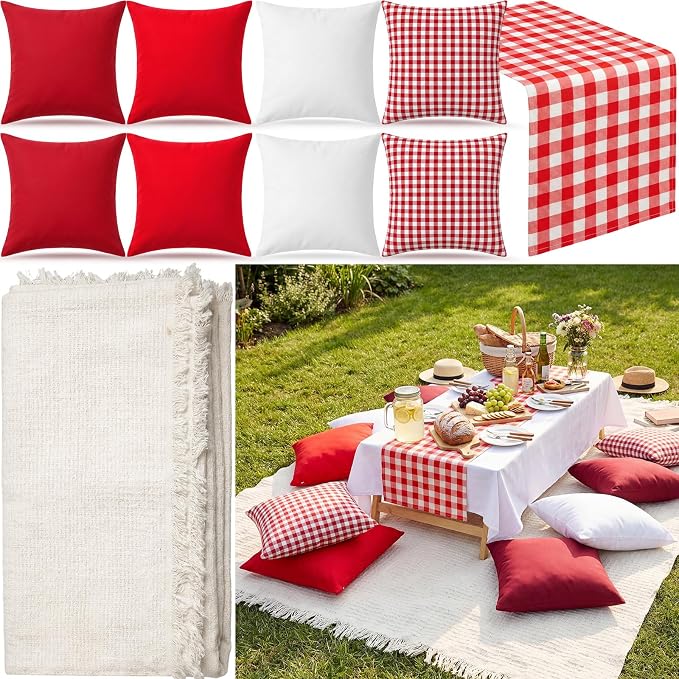Yuntau Large Outdoor Boho Picnic Blanket with Table Runner 8 Pink White Red Pillows Covers No Pillow Summer Picnic Decor for Camp Birthday Party Bridal Shower Outdoor Backyard Garden(Red)