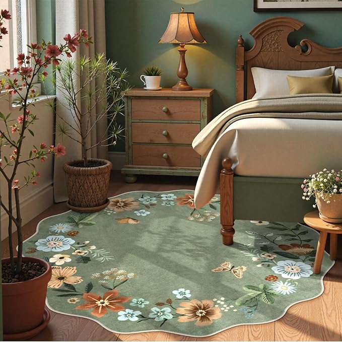 Lahome Floral Washable Round Area Rug, Soft Round Rugs 6ft Ultra-Thin Non-Slip, Boho Large Circle Carpet for Bedroom Living Room Kitchen Nursery, Green