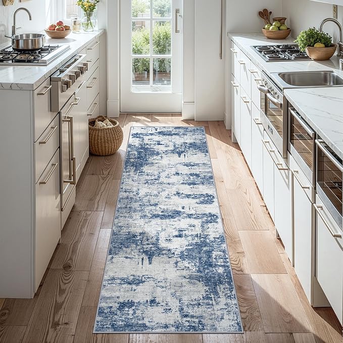 Tosuoka 2'6''x8' Area Rugs for Living Room Abstract Washable Gray Blue Rug | With Anti-Slip Backing，Non-Shedding，Stain-Resistant，Soft Modern Large Carpet for Bedroom Dining Room Farmhouse Nursery