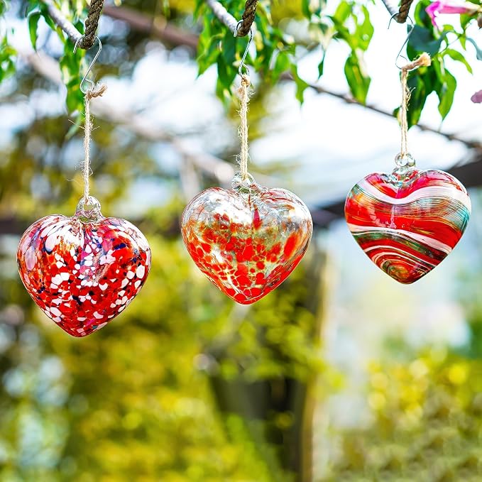 Hand Blown Glass Red Heart Ornaments Hanging Friendship Hearts for Outdoor | Thickened Shatter-Resistant Hand Blown Glass, Garden Tree Wedding Party Hanging Ornament