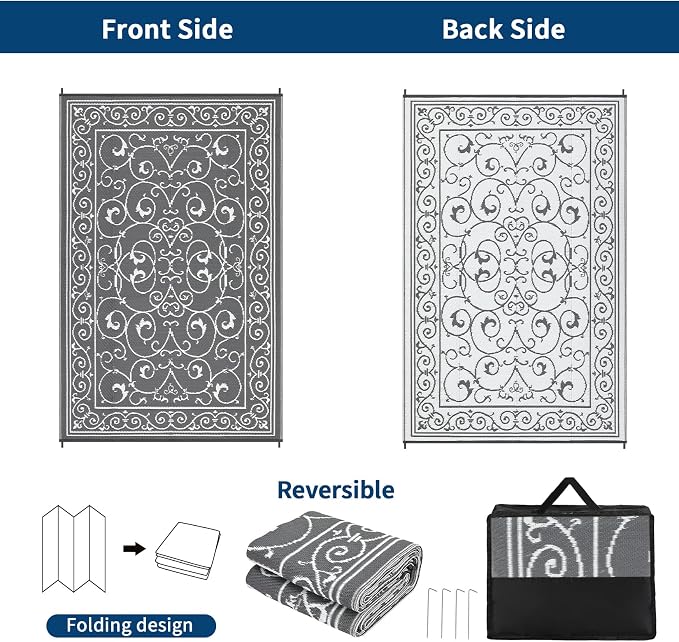 Garvee 9x12 Outdoor Rug for Patio Plastic Straw Rug Waterproof Reversible Mat Lightweight Foldable Carpet Easy Clean Large Rugs for Patio Porch Backyard Camping RV Beach Balcony Deck Vintage Grey