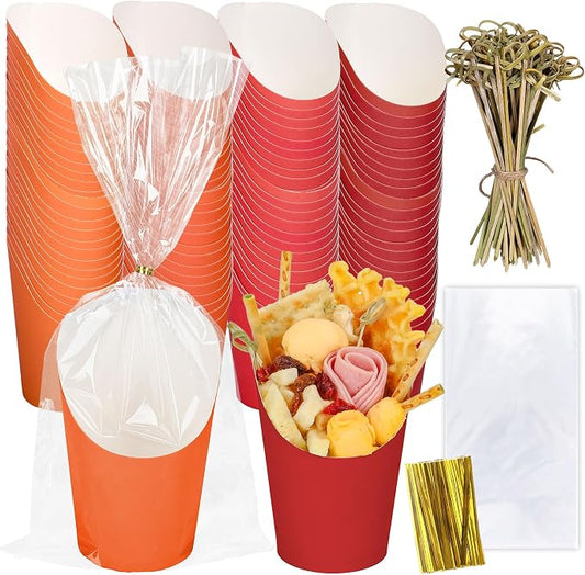 FYSUIMU 60Pcs Fall Colors Charcuterie Cups with 100Pcs Sticks 60 Plastic Treat Goodie Bags Twist Ties 14oz Orange Red French Fries Cup Holder for Home Kitchen Autumn Thanksgiving Party
