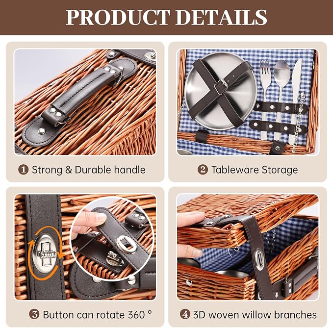 Picnic Basket Set for 2, Wicker Picnic Baskets with Waterproof Blanket and Cutlery Service Kit, Willow Hamper for Camping, Outdoors, Valentine's Day, Christmas, Birthday, Wedding Gift